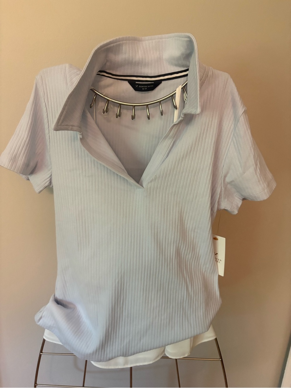 Denver Hayes Light Blue Ribbed Polo Short Sleeve Top